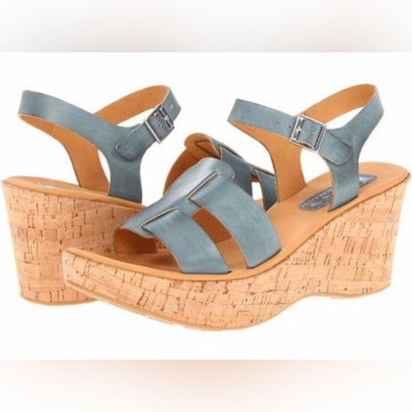 Kork-Ease Shoes - Korks by Kork-Ease Arancio Brie Leather Wedge Sandal in Light Blue Size 36.5/6